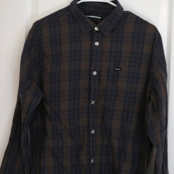 RVCA Brown Plaid Button slim fit Shirt, Size Large - Picture 1 of 3